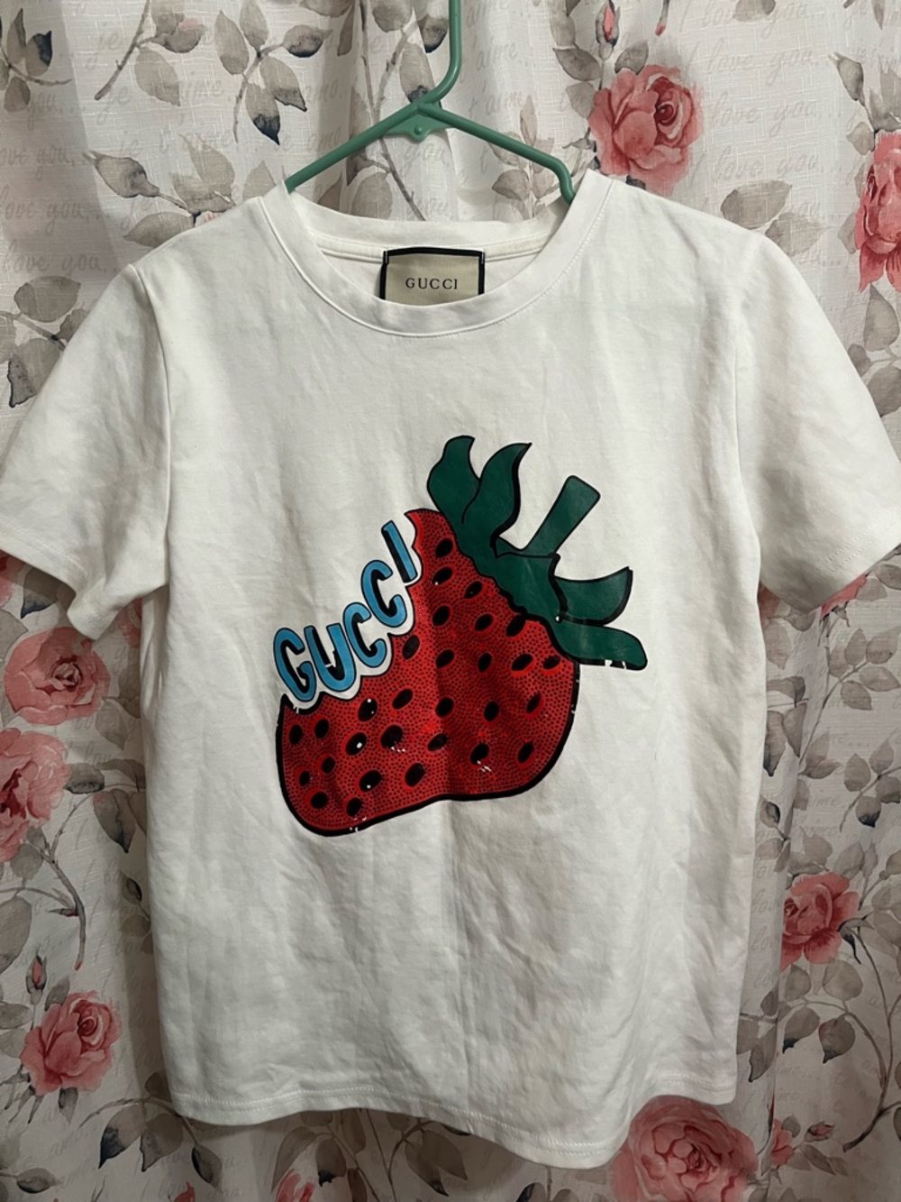 Gucci White Tee Shirt with Red Strawberry and Green Leaf Rhinestone Graphic